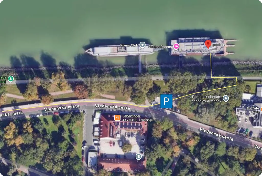 Mapa parkovania: vyhradená plocha pri Viedenskej ceste a vyznačená pešia trasa k vstupu na Ponton